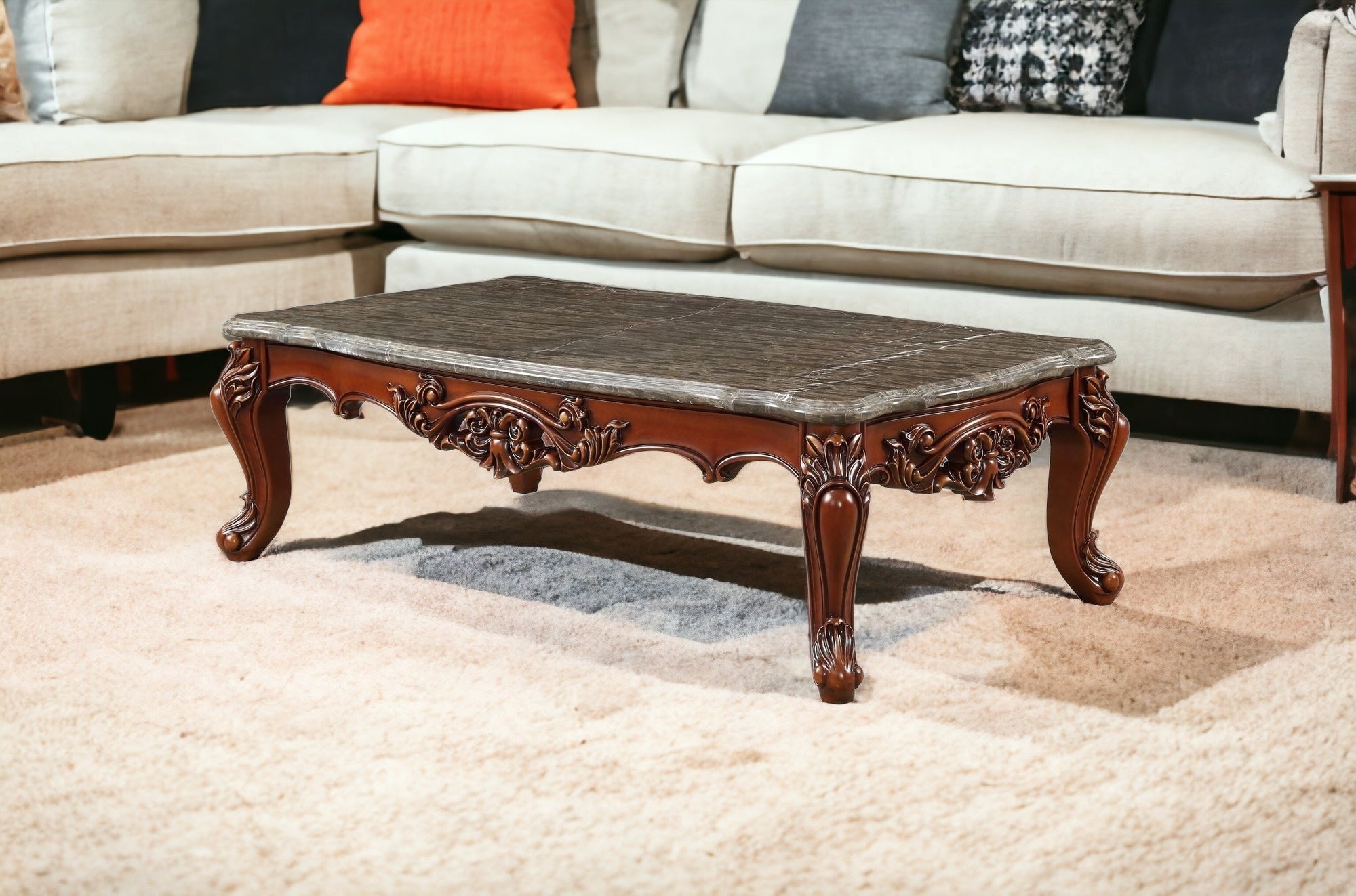 36" Gray and Brown Genuine Marble And Solid Wood Coffee Table-Coffee Tables-DECOROLALA