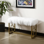 18" White and Gold Faux Fur And Metal Bench-Benches-DECOROLALA