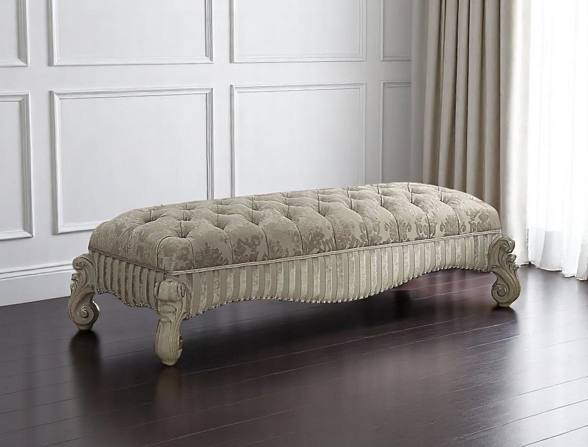 28" X 65" X 20" Ivory Fabric Bone White Upholstery Poly Resin Bench-Benches-DECOROLALA