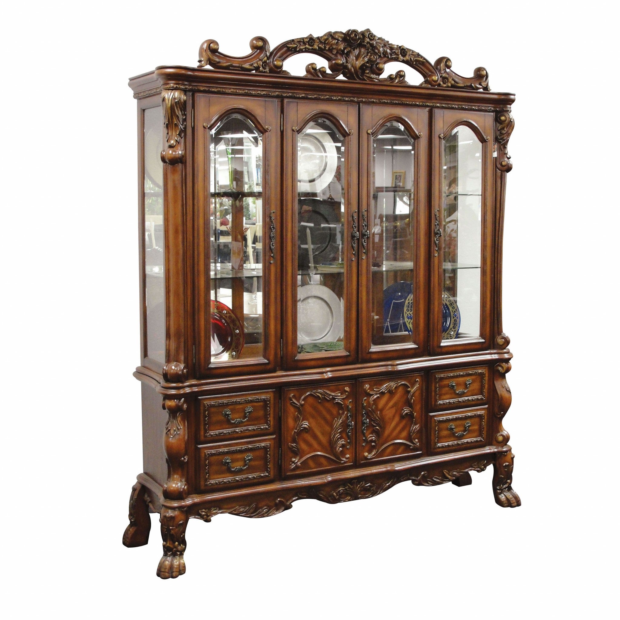 19" X 74" X 89" Cherry Oak Wood Poly Resin Glass Hutch Buffet-Sideboards-DECOROLALA