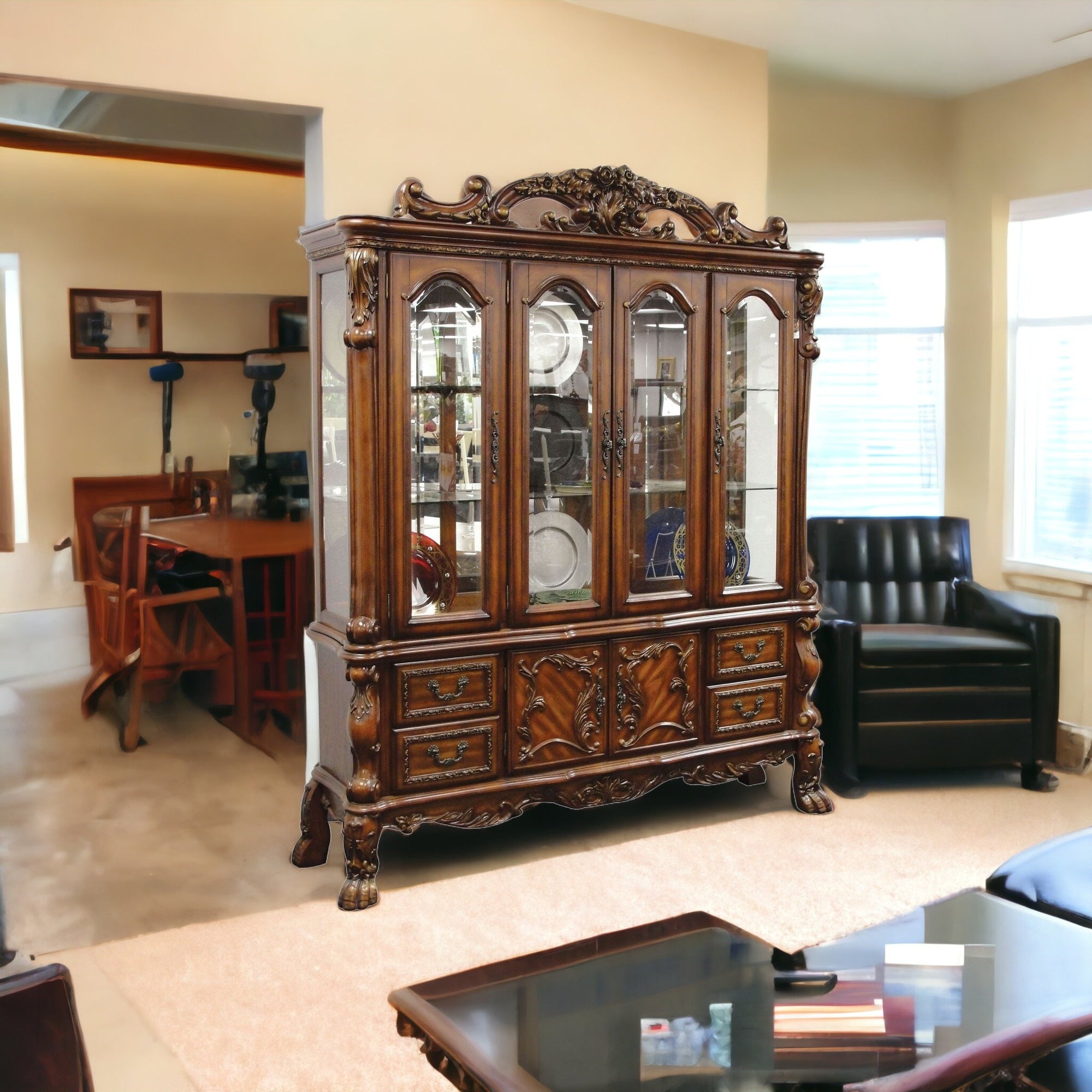 19" X 74" X 89" Cherry Oak Wood Poly Resin Glass Hutch Buffet-Sideboards-DECOROLALA