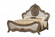 Oak and Bronze Solid Wood Tufted Upholstered Faux Leather Bed Frame-Standard Beds-DECOROLALA