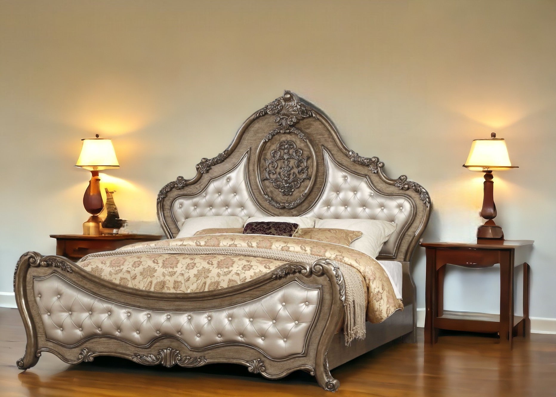 Oak and Bronze Solid Wood Tufted Upholstered Faux Leather Bed Frame-Standard Beds-DECOROLALA