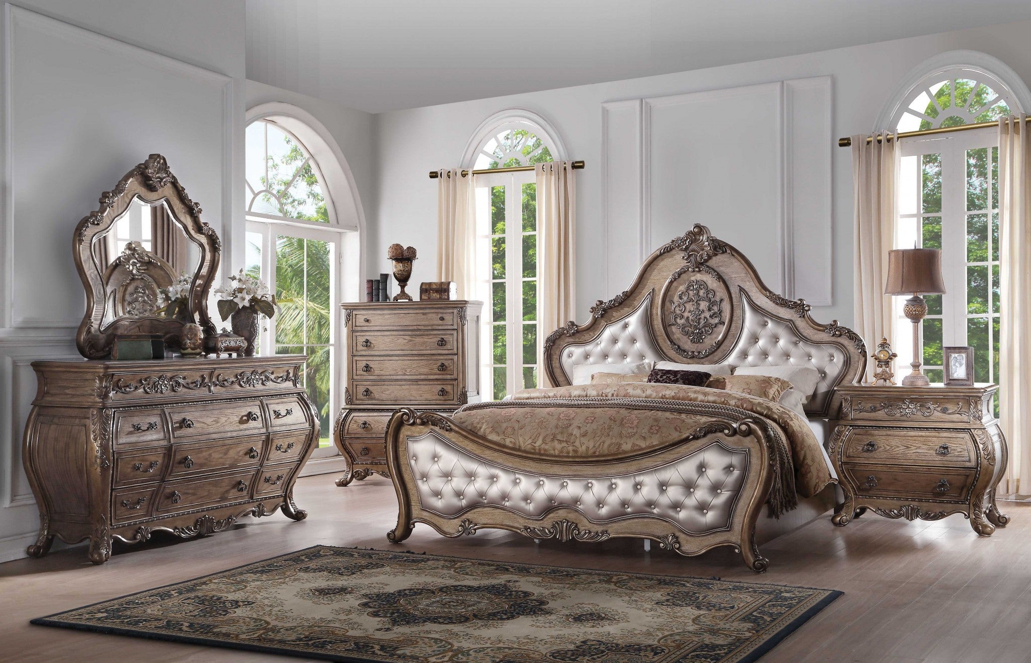 Oak and Bronze Solid Wood Tufted Upholstered Faux Leather Bed Frame-Standard Beds-DECOROLALA