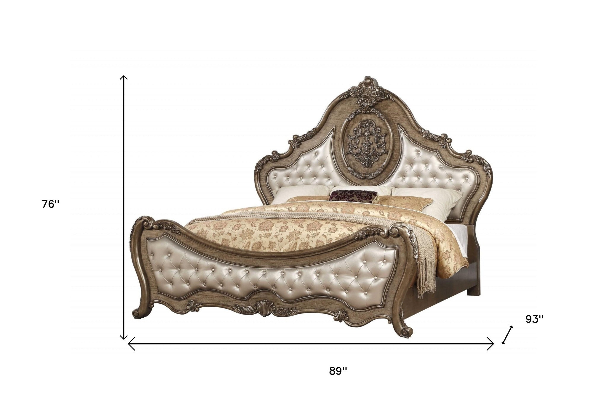 Oak and Bronze Solid Wood Tufted Upholstered Faux Leather Bed Frame-Standard Beds-DECOROLALA