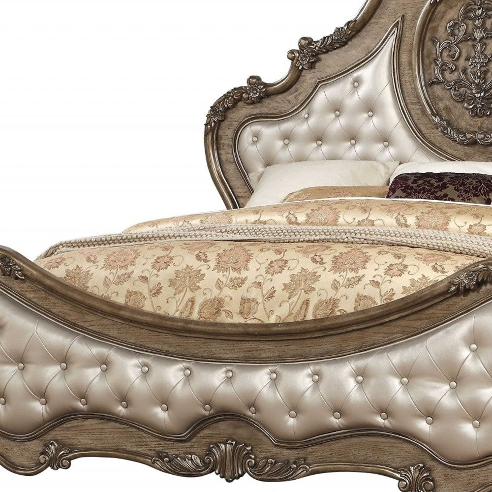 Oak and Bronze Solid Wood Tufted Upholstered Faux Leather Bed Frame-Standard Beds-DECOROLALA