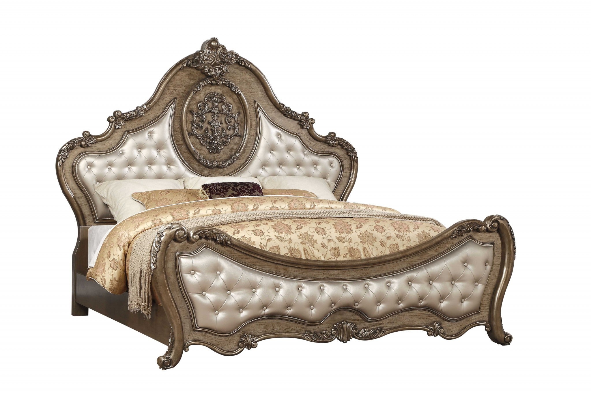 Oak and Bronze Solid Wood Tufted Upholstered Faux Leather Bed Frame-Standard Beds-DECOROLALA