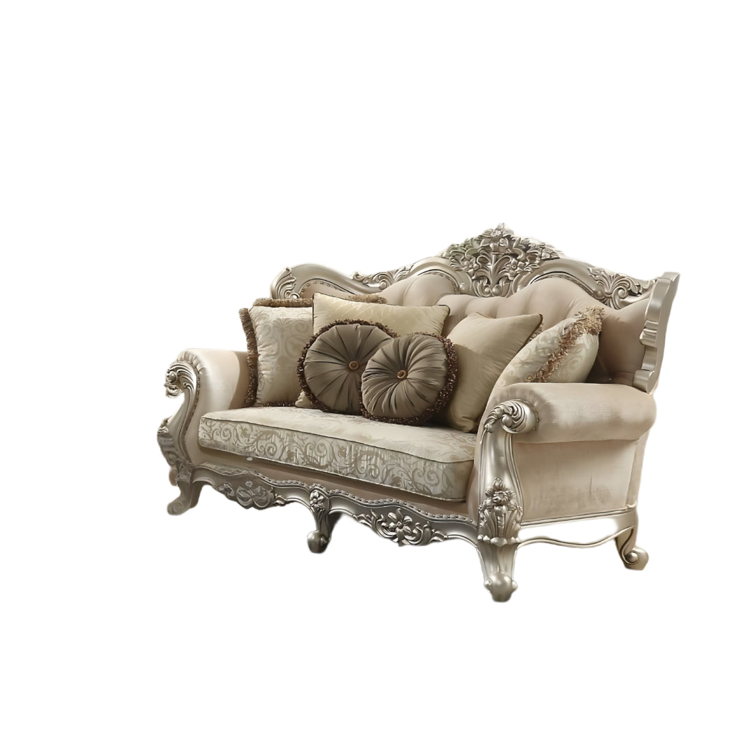 88" Champagne Velvet Curved Floral Sofa And Toss Pillows-0