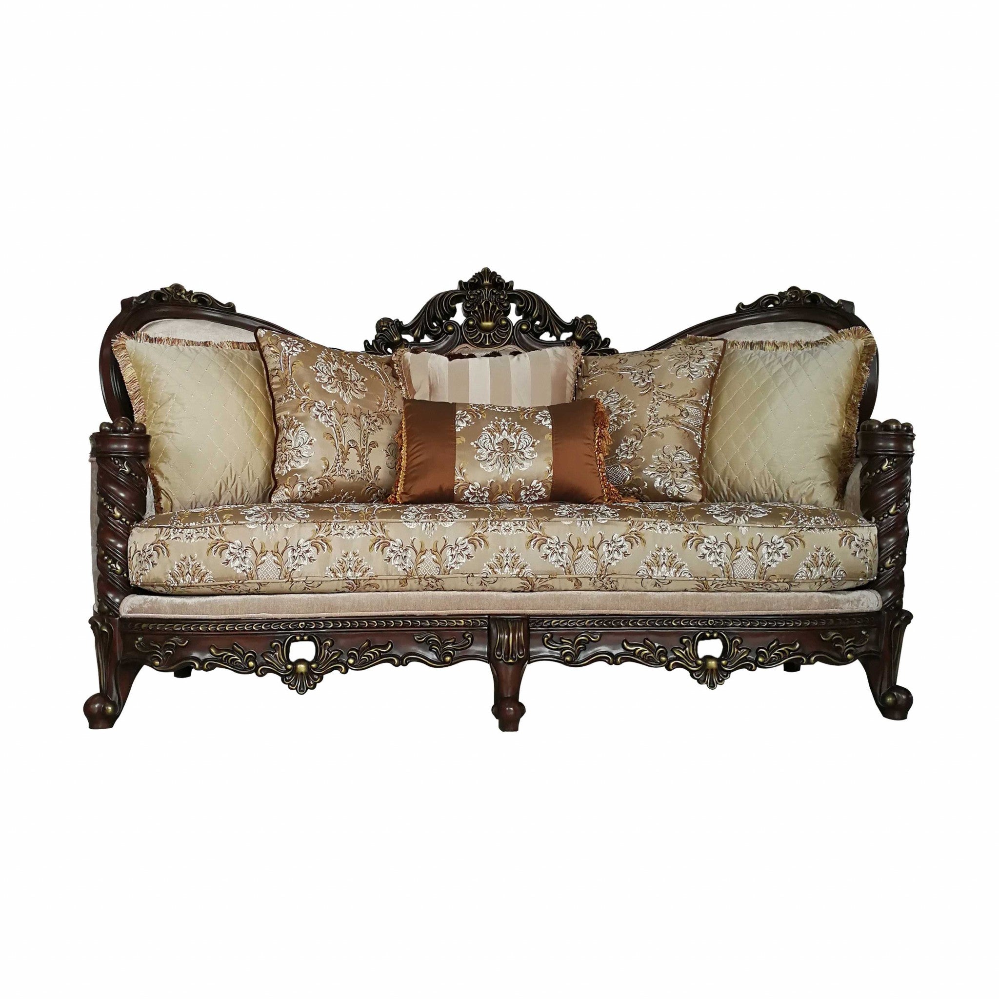 39" Beige Floral Sofa And Toss Pillows With Dark Brown Legs-0