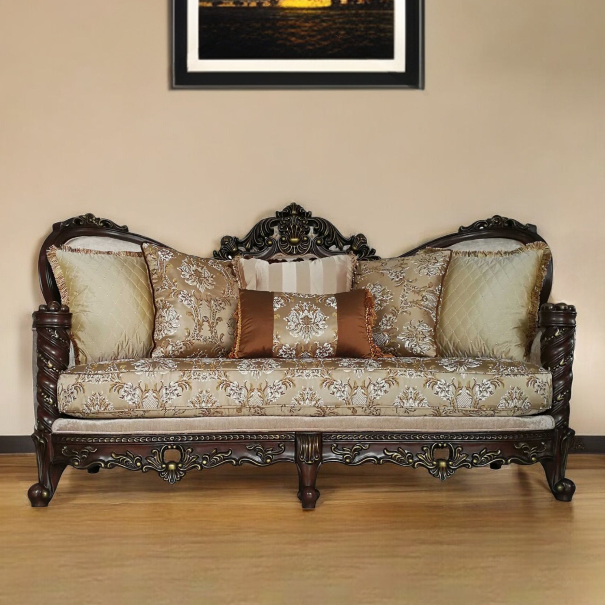 39" Beige Floral Sofa And Toss Pillows With Dark Brown Legs-1