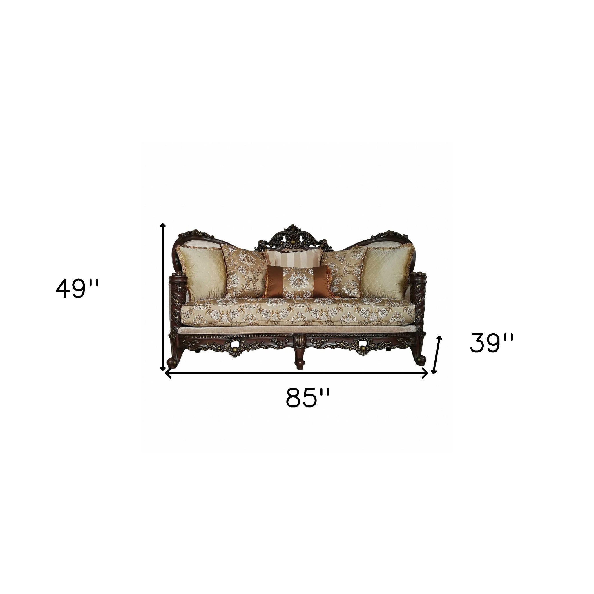 39" Beige Floral Sofa And Toss Pillows With Dark Brown Legs-5