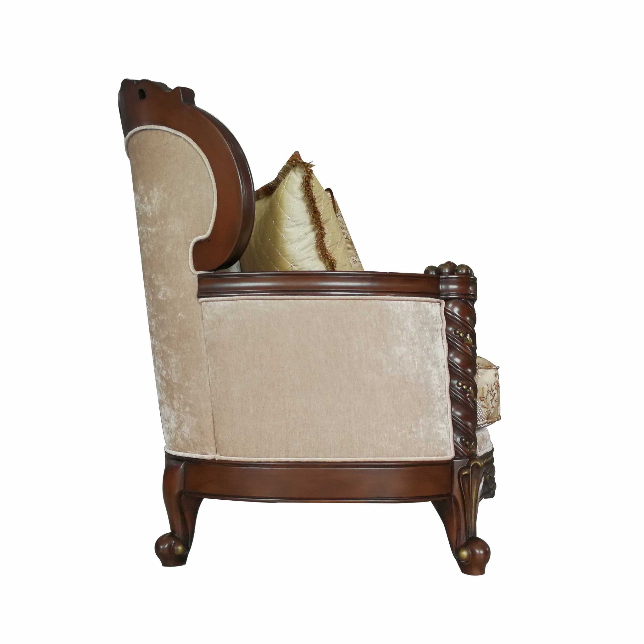 39" Beige Floral Sofa And Toss Pillows With Dark Brown Legs-2