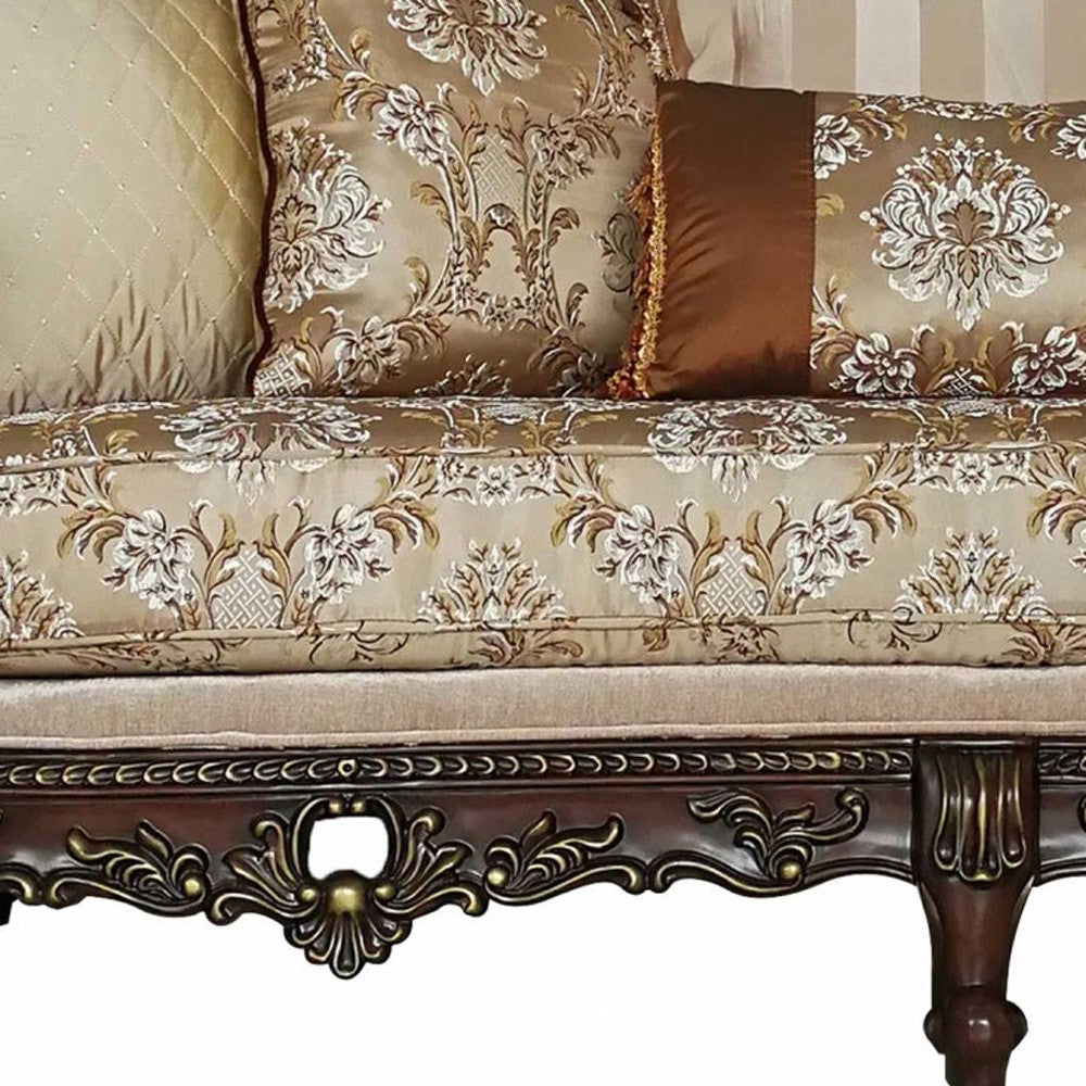 39" Beige Floral Sofa And Toss Pillows With Dark Brown Legs-4