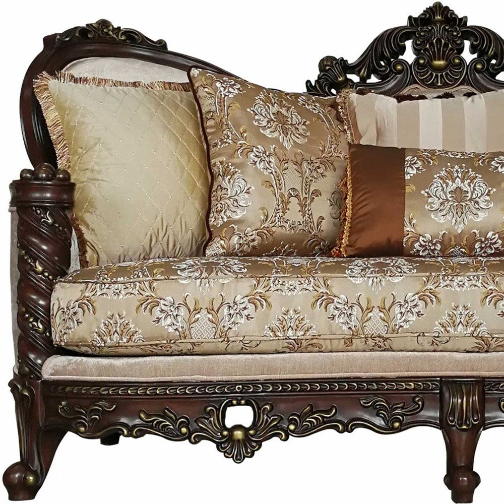 39" Beige Floral Sofa And Toss Pillows With Dark Brown Legs-3