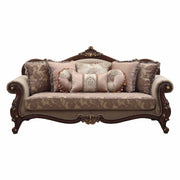 88" Beige Velvet Floral Sofa And Toss Pillows With Brown Legs-0