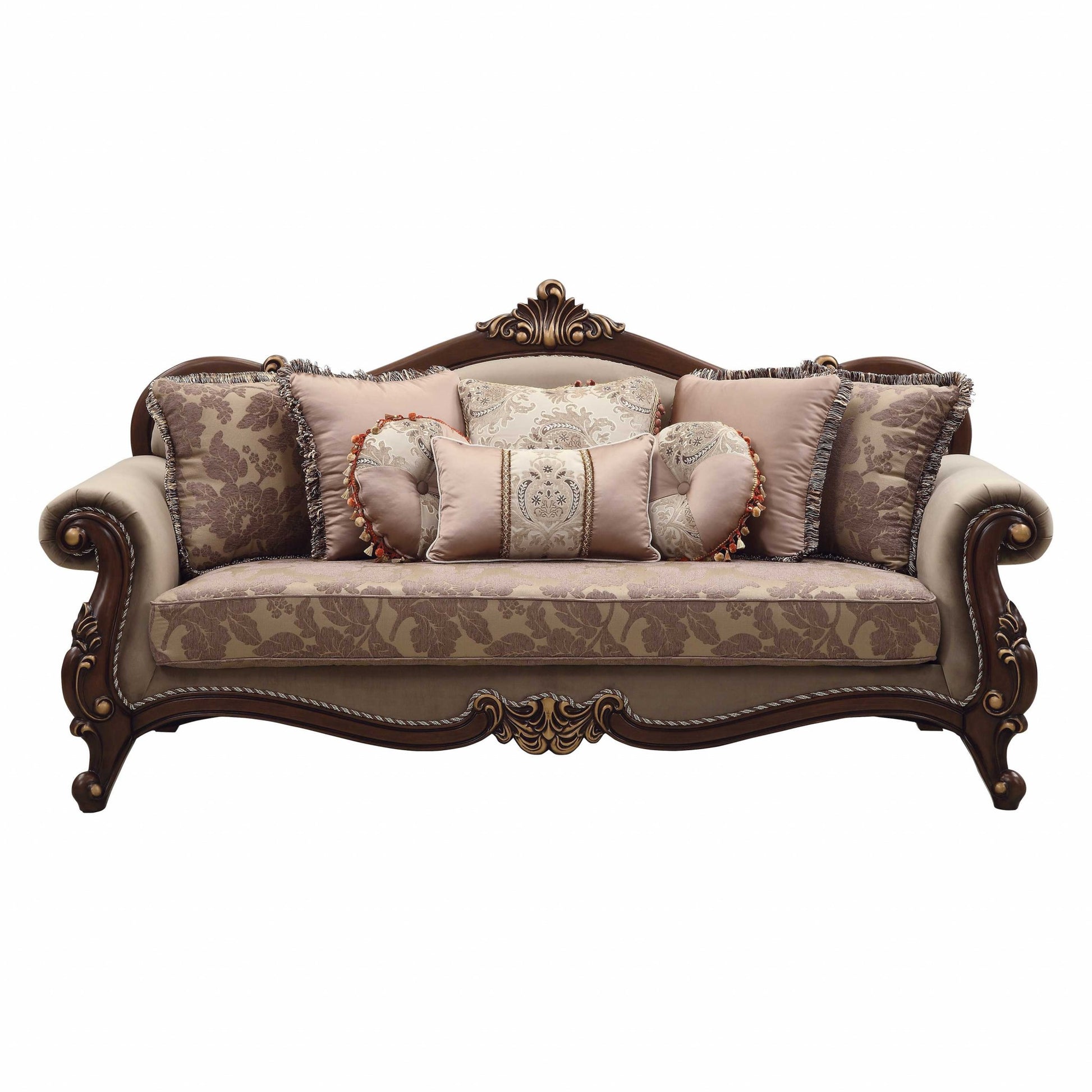 88" Beige Velvet Floral Sofa And Toss Pillows With Brown Legs-0