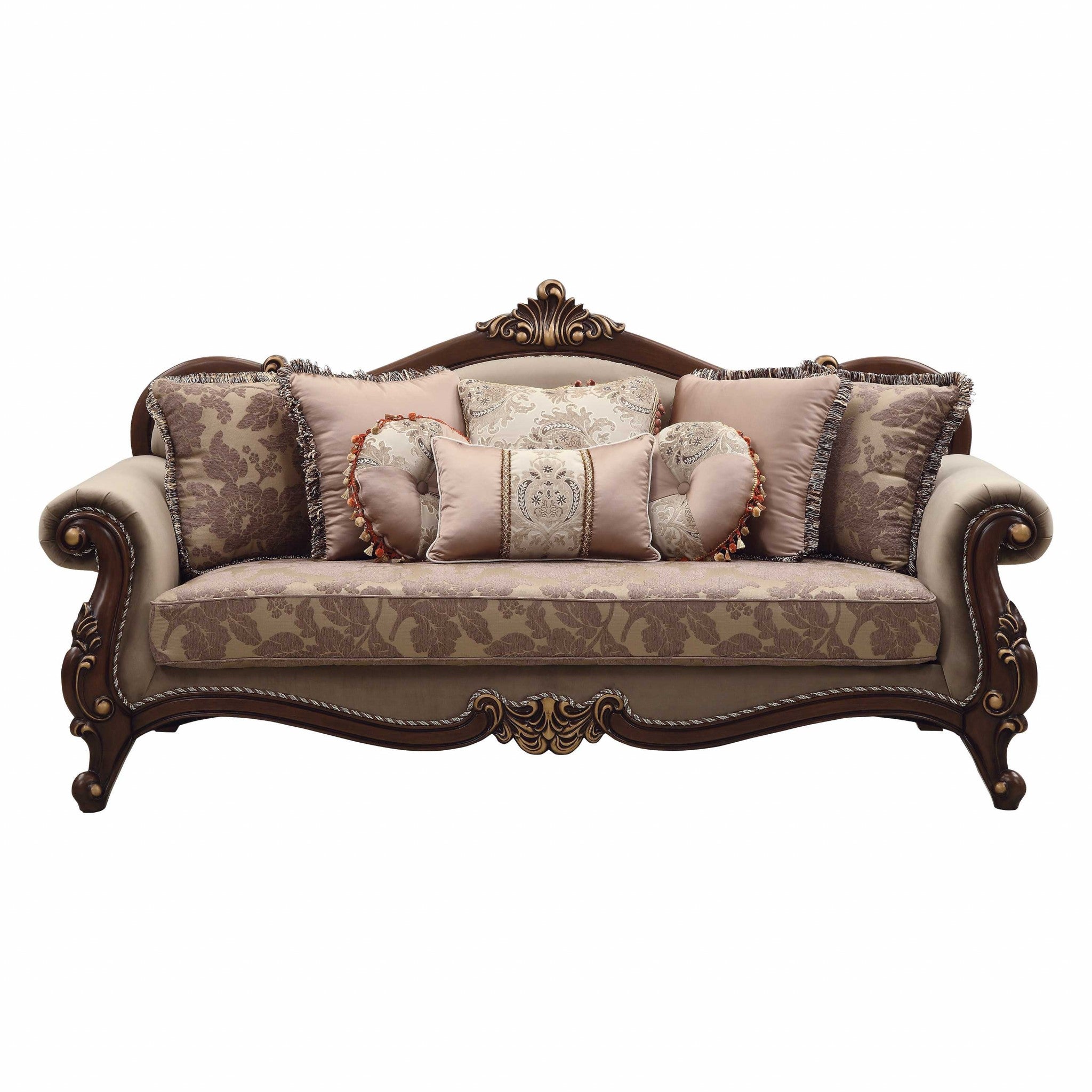 88" Beige Velvet Floral Sofa And Toss Pillows With Brown Legs-0