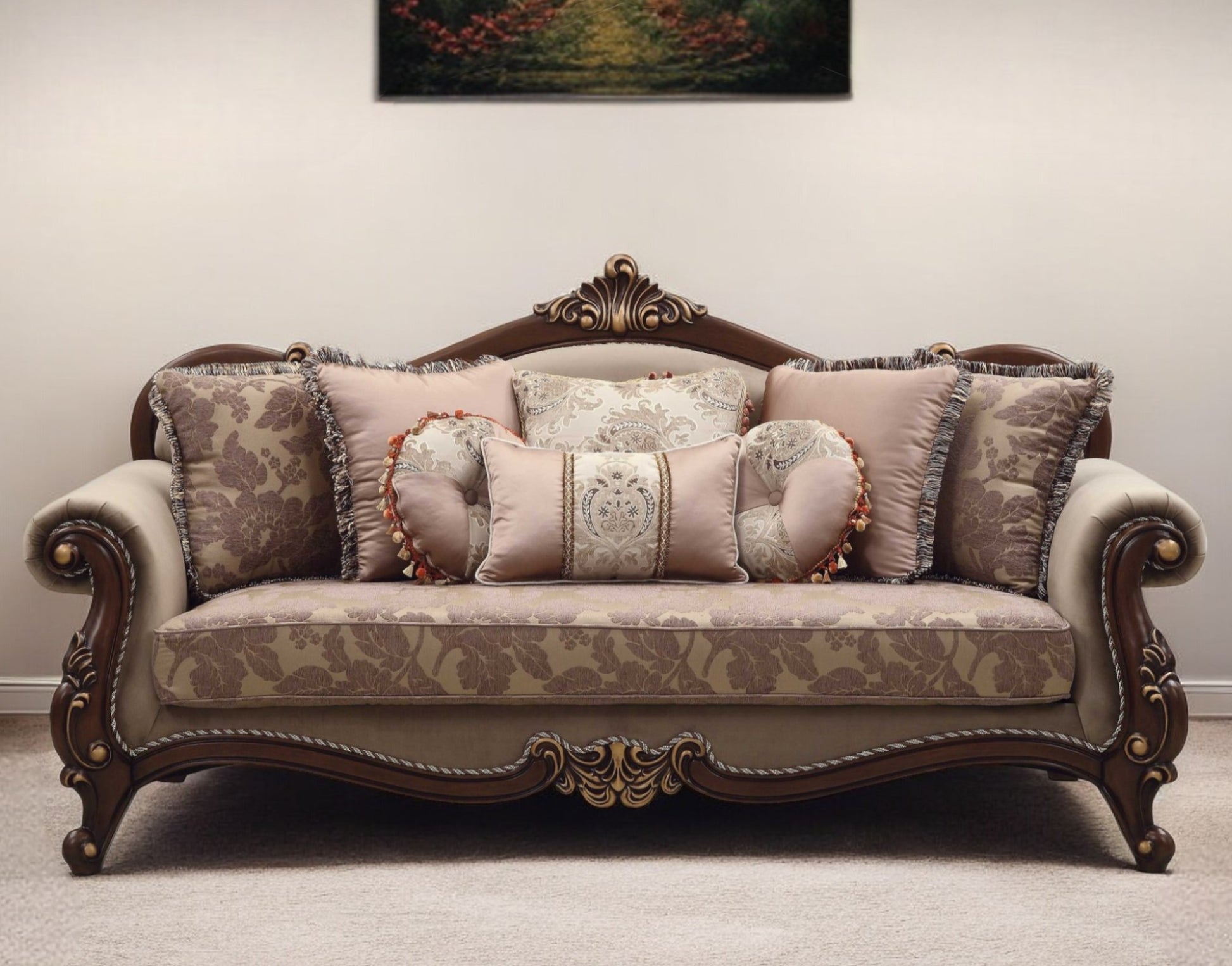 88" Beige Velvet Floral Sofa And Toss Pillows With Brown Legs-1