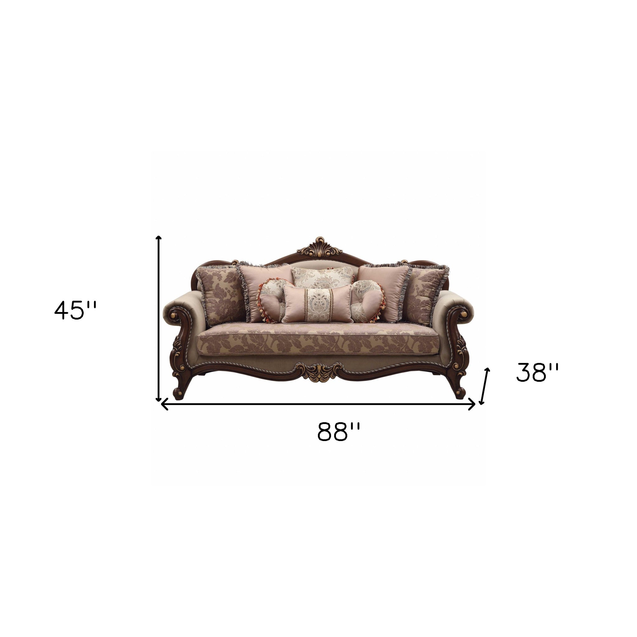 88" Beige Velvet Floral Sofa And Toss Pillows With Brown Legs-4