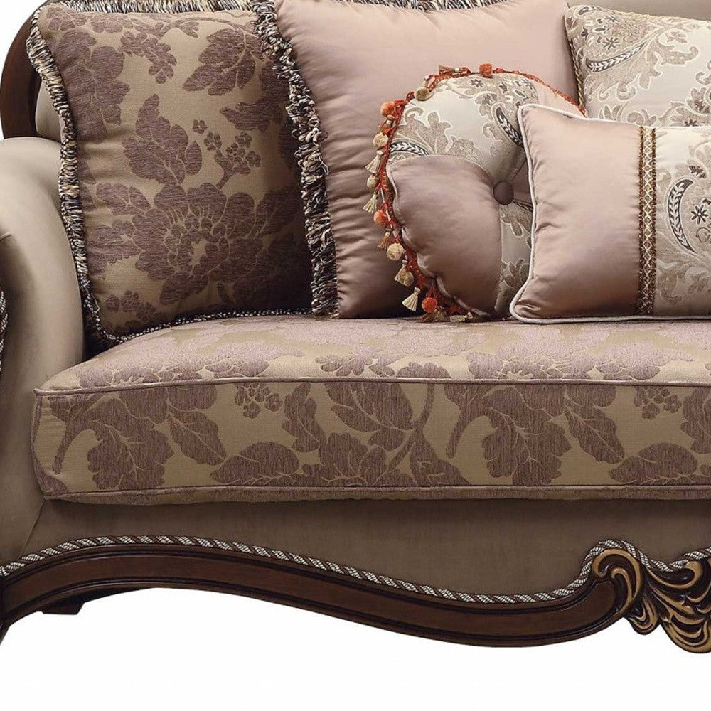 88" Beige Velvet Floral Sofa And Toss Pillows With Brown Legs-3