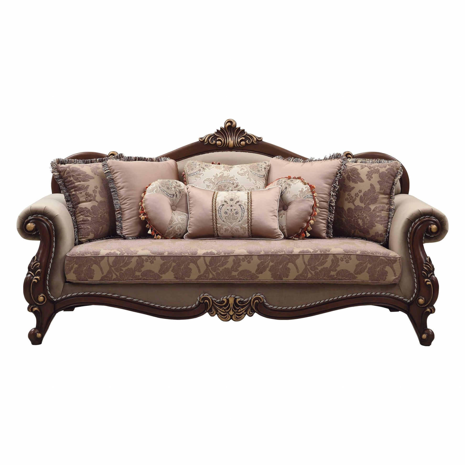 88" Beige Velvet Floral Sofa And Toss Pillows With Brown Legs-2