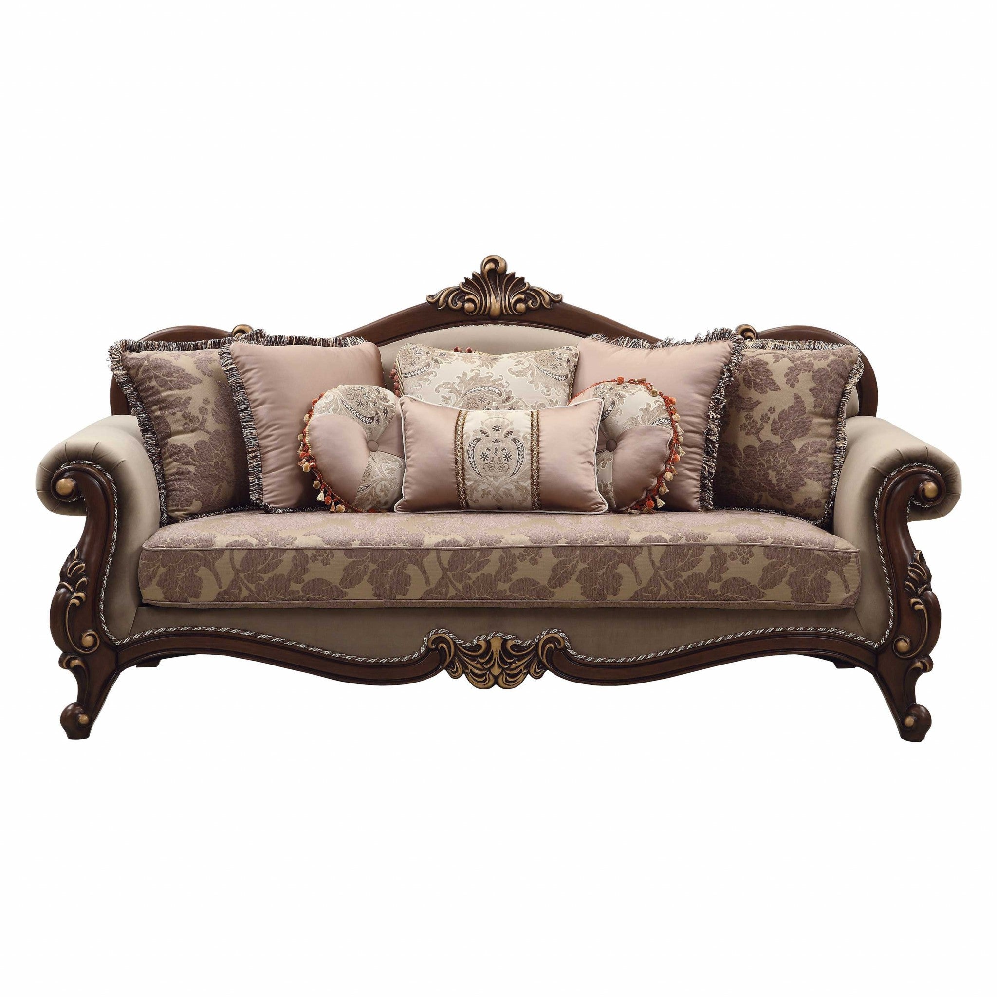 88" Beige Velvet Floral Sofa And Toss Pillows With Brown Legs-2