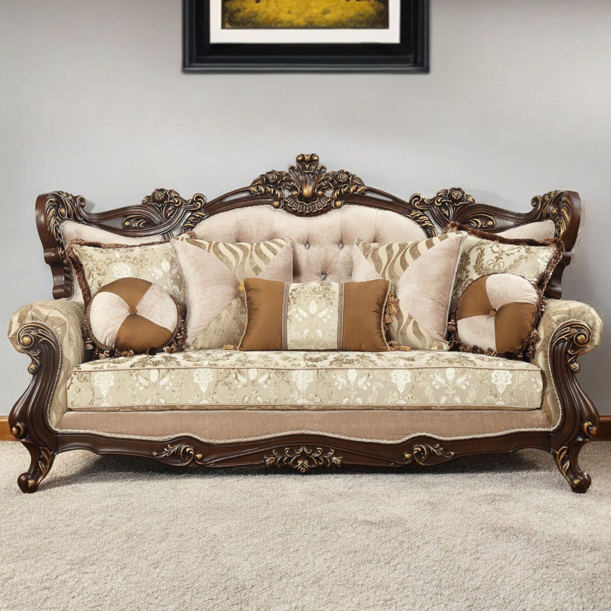42" Beige Polyester Blend Curved Damask Sofa And Toss Pillows With Brown Legs-1