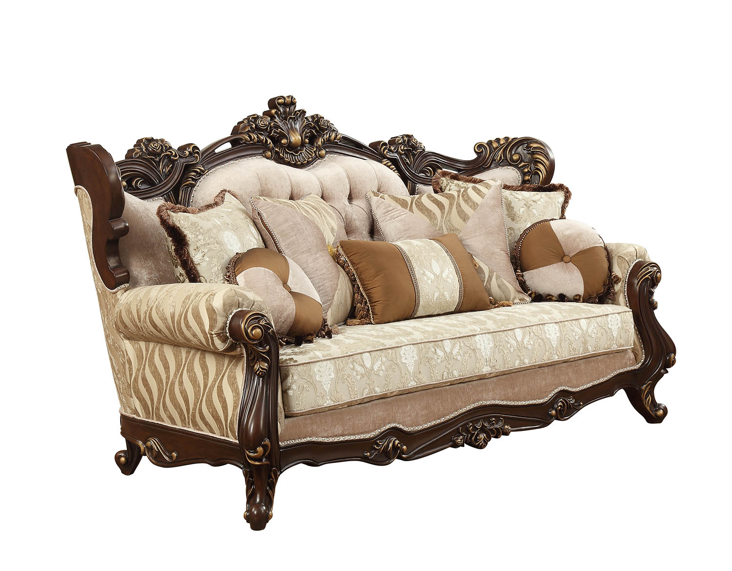 42" Beige Polyester Blend Curved Damask Sofa And Toss Pillows With Brown Legs-2