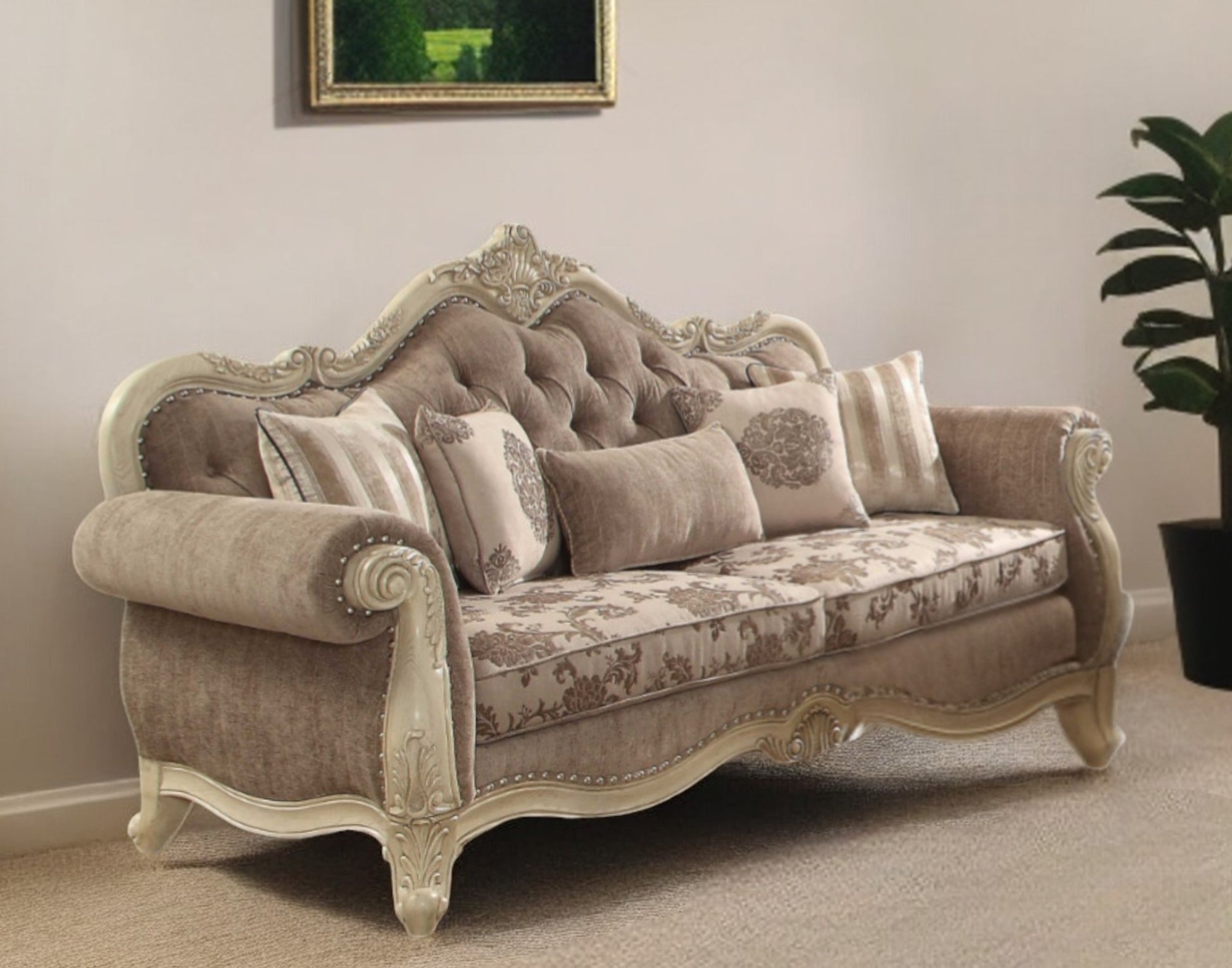 35" Gray Velvet Floral Sofa And Toss Pillows With Beige Legs-1