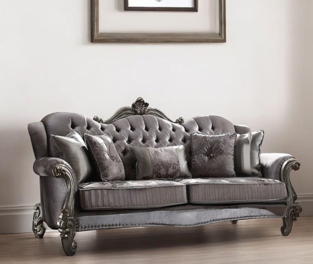 45" Platinum Velvet Floral Sofa And Toss Pillows-1
