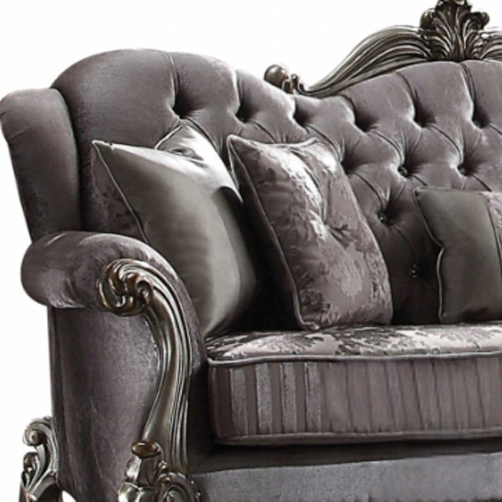 45" Platinum Velvet Floral Sofa And Toss Pillows-2