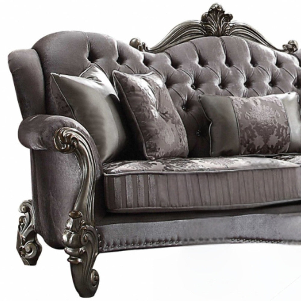 45" Platinum Velvet Floral Sofa And Toss Pillows-3