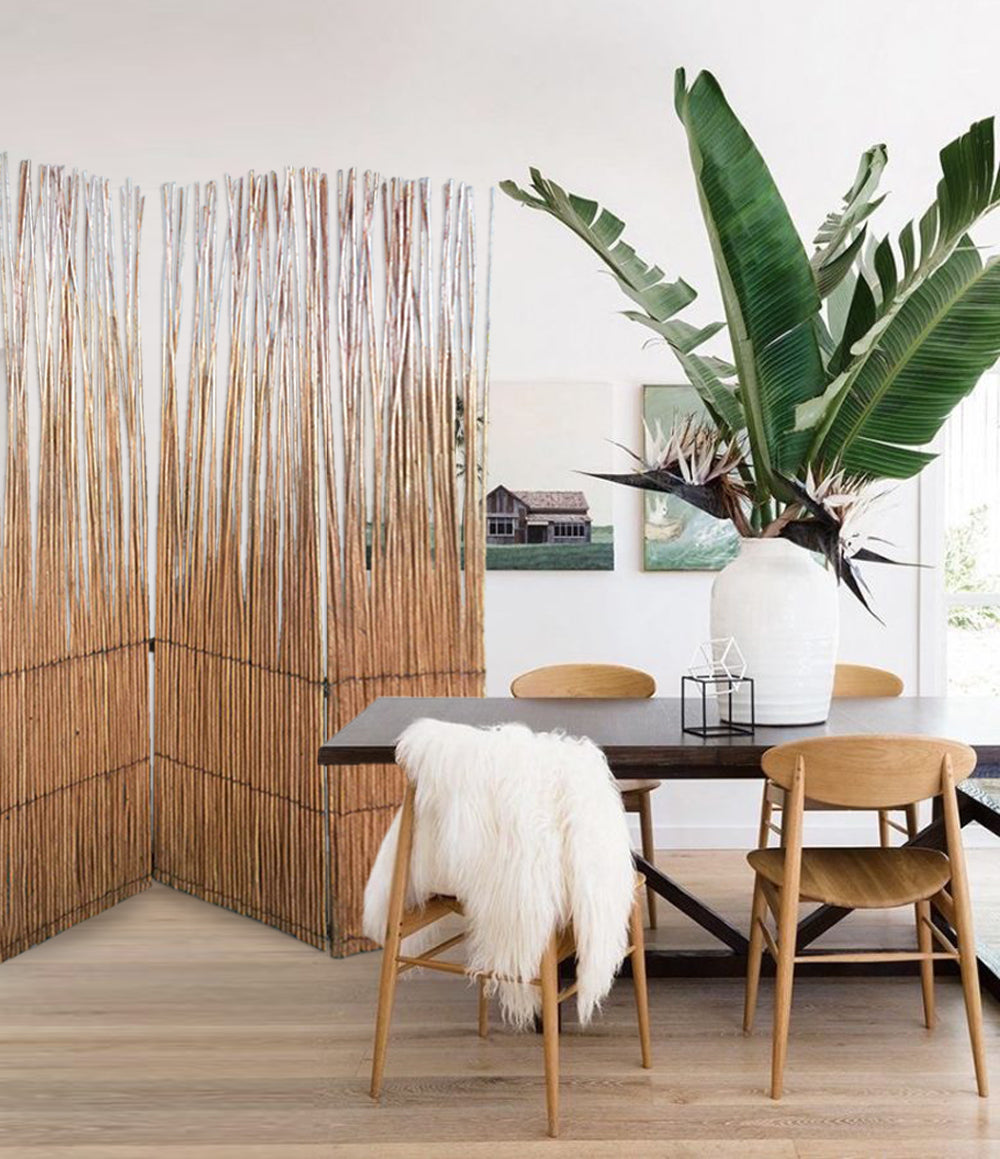 69" Brown Wood and Metal Folding Three Panel Screen Room Divider-Room Dividers-DECOROLALA