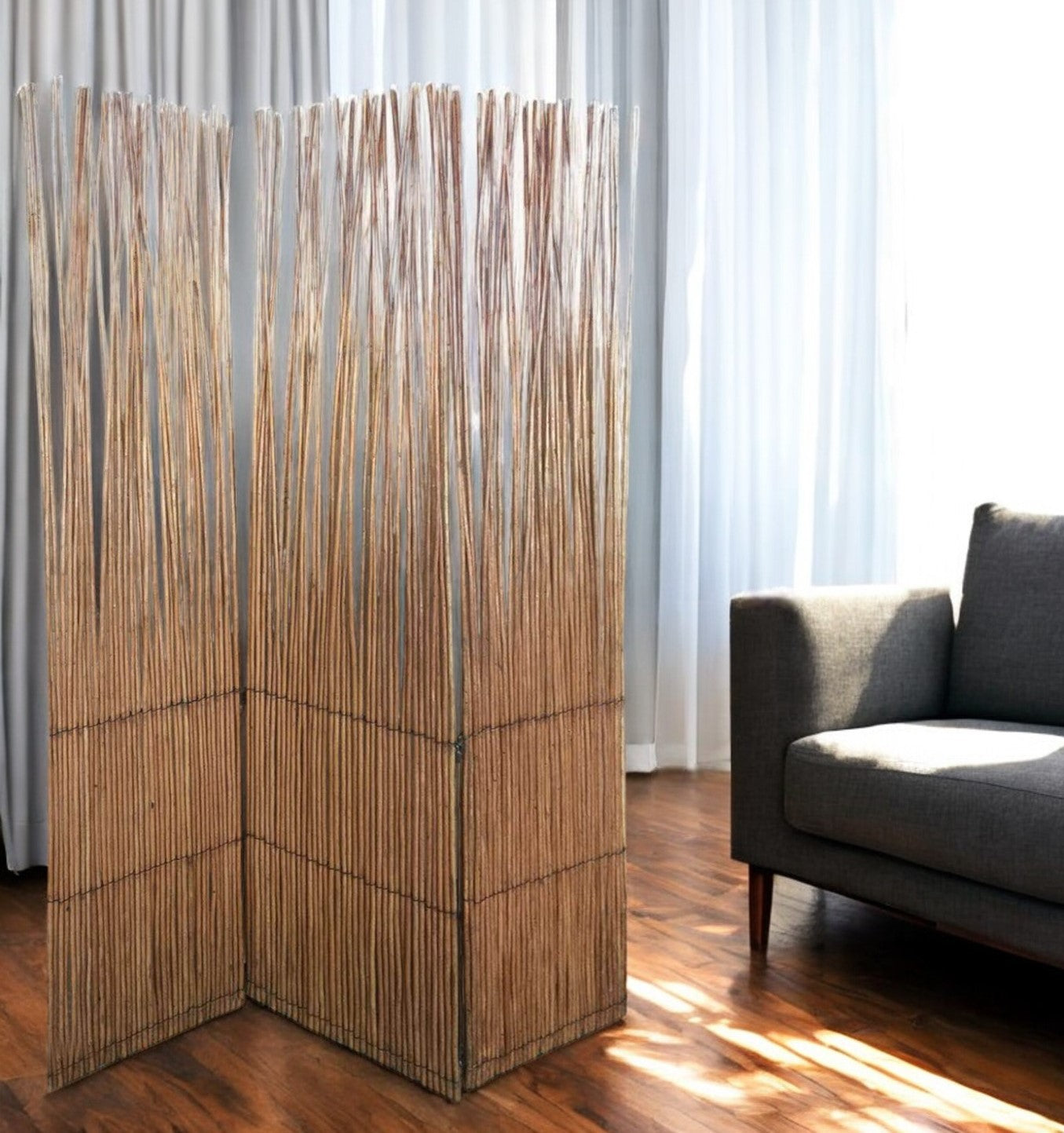 69" Brown Wood and Metal Folding Three Panel Screen Room Divider-Room Dividers-DECOROLALA