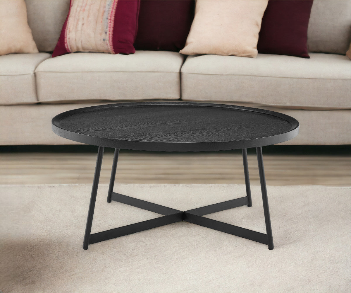 35" Black Wood And Metal Round Frame Coffee Table-Coffee Tables-DECOROLALA