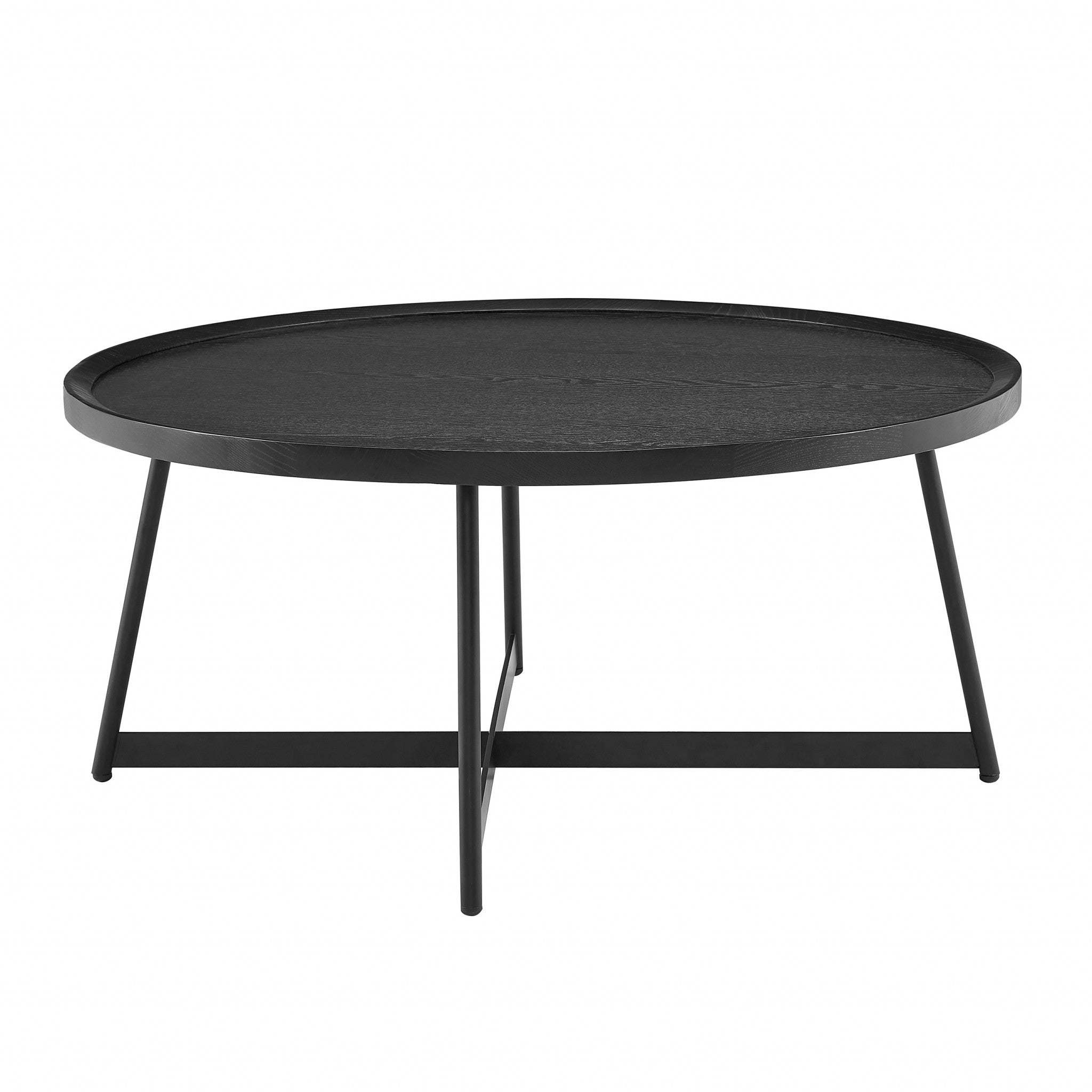 35" Black Wood And Metal Round Frame Coffee Table-Coffee Tables-DECOROLALA