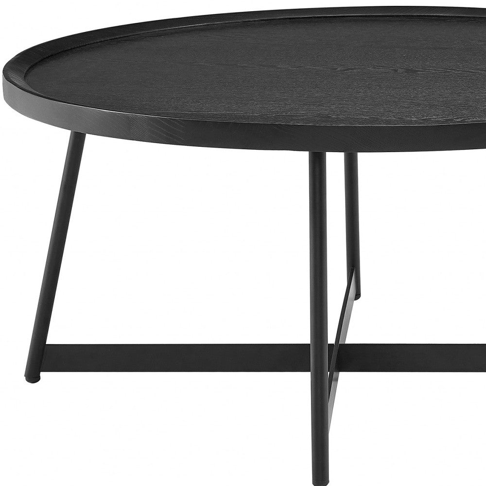 35" Black Wood And Metal Round Frame Coffee Table-Coffee Tables-DECOROLALA