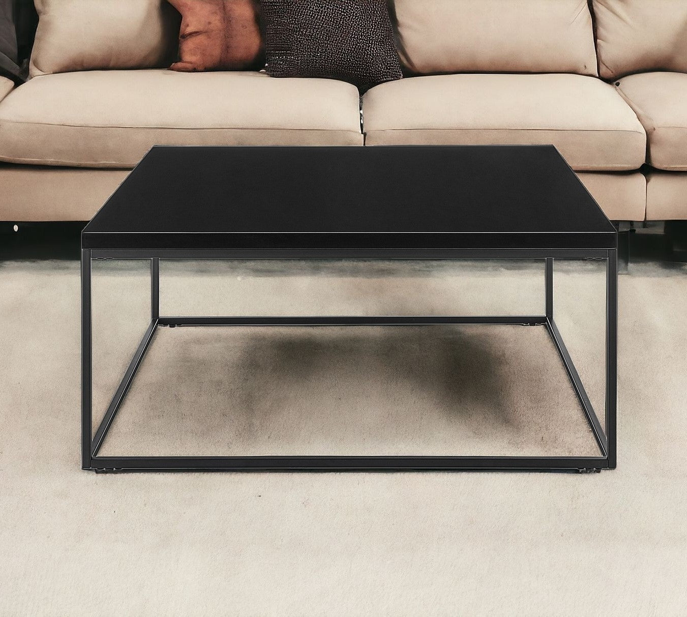 35" Black Wood And Metal Square Frame Coffee Table-Coffee Tables-DECOROLALA