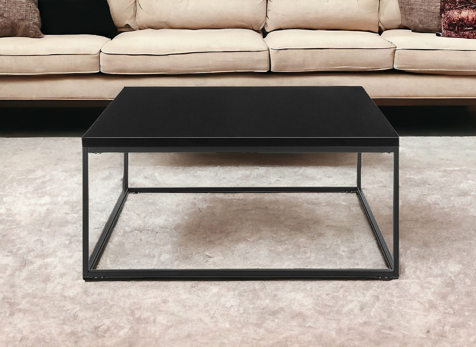 35" Black Wood And Metal Square Frame Coffee Table-Coffee Tables-DECOROLALA