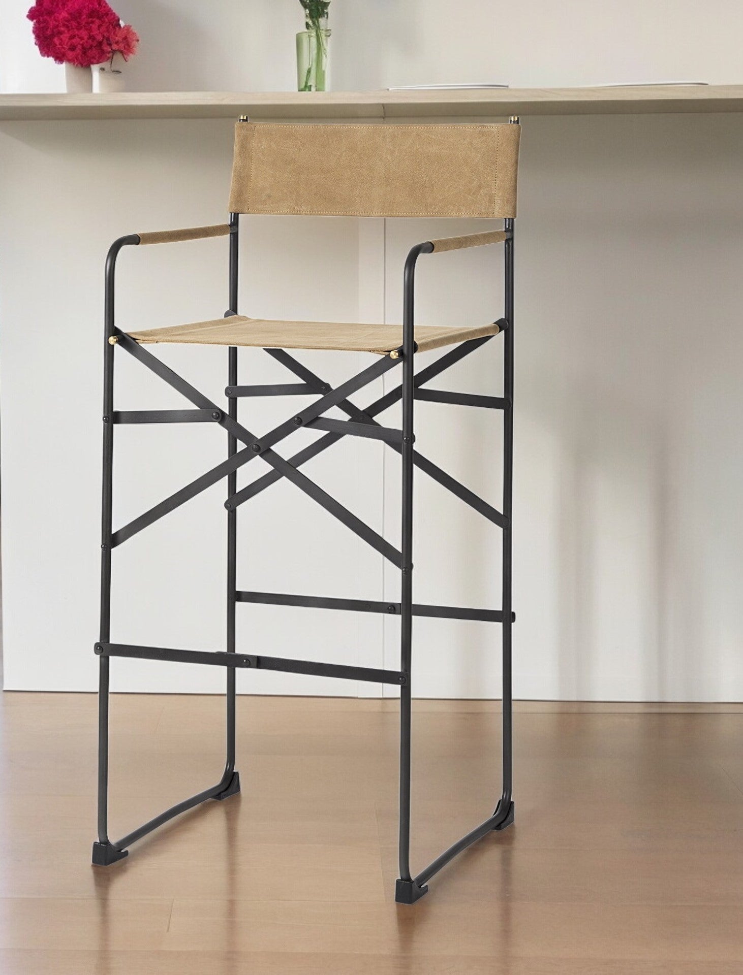 35" Brown And Black Leather And Iron Bar Chair-Bar Chairs-DECOROLALA