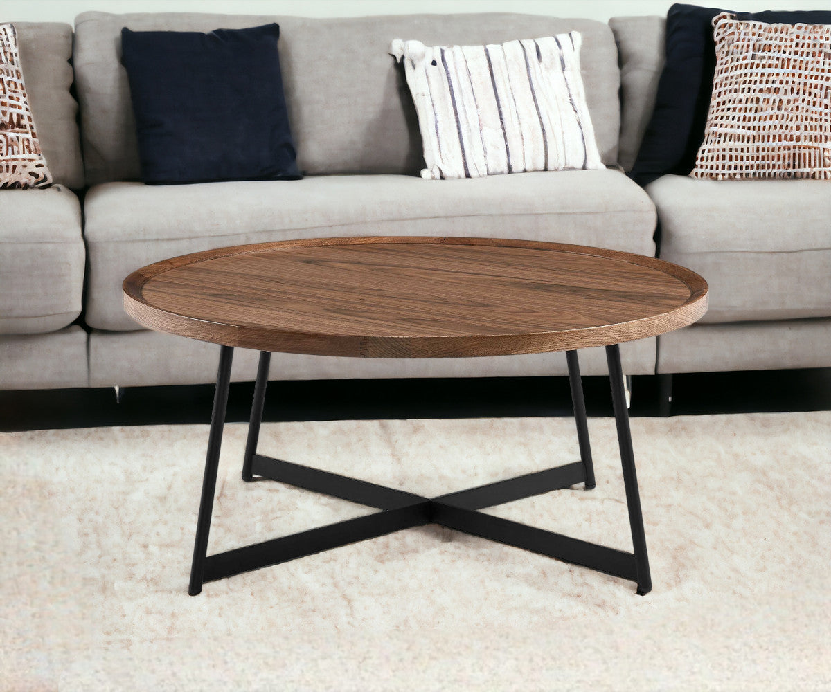 35" Brown and Black Wood And Metal Round Frame Coffee Table-Coffee Tables-DECOROLALA