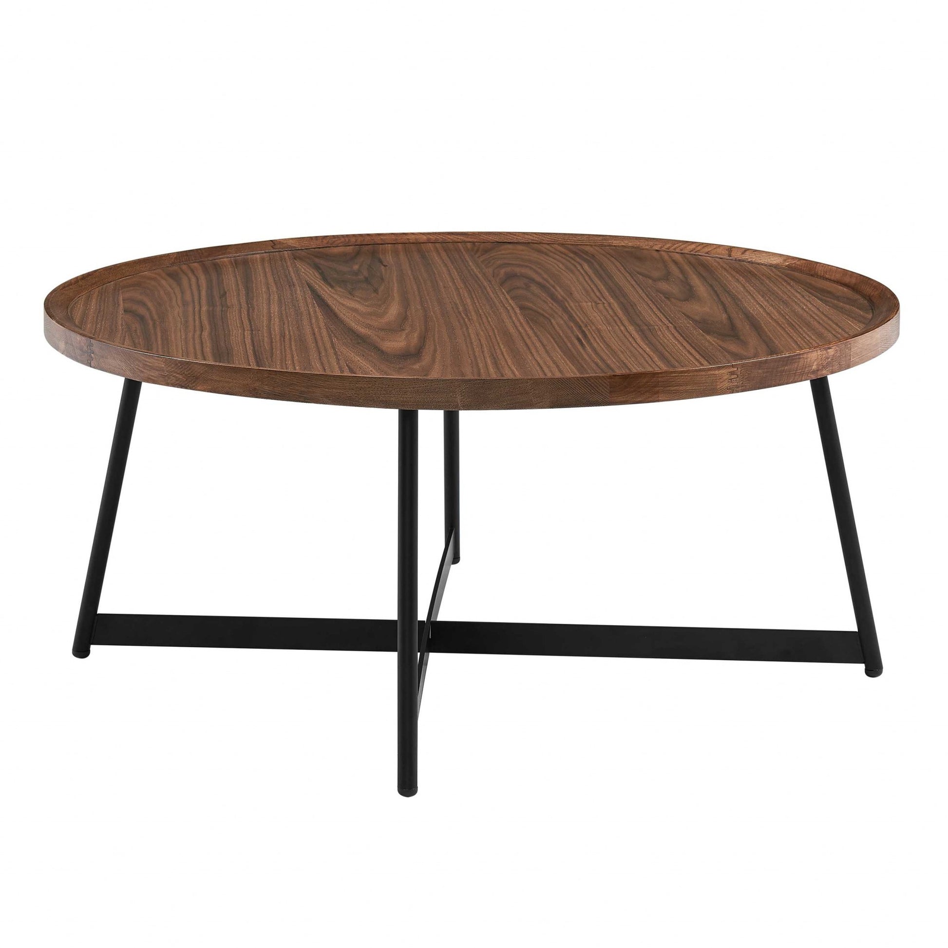 35" Brown and Black Wood And Metal Round Frame Coffee Table-Coffee Tables-DECOROLALA
