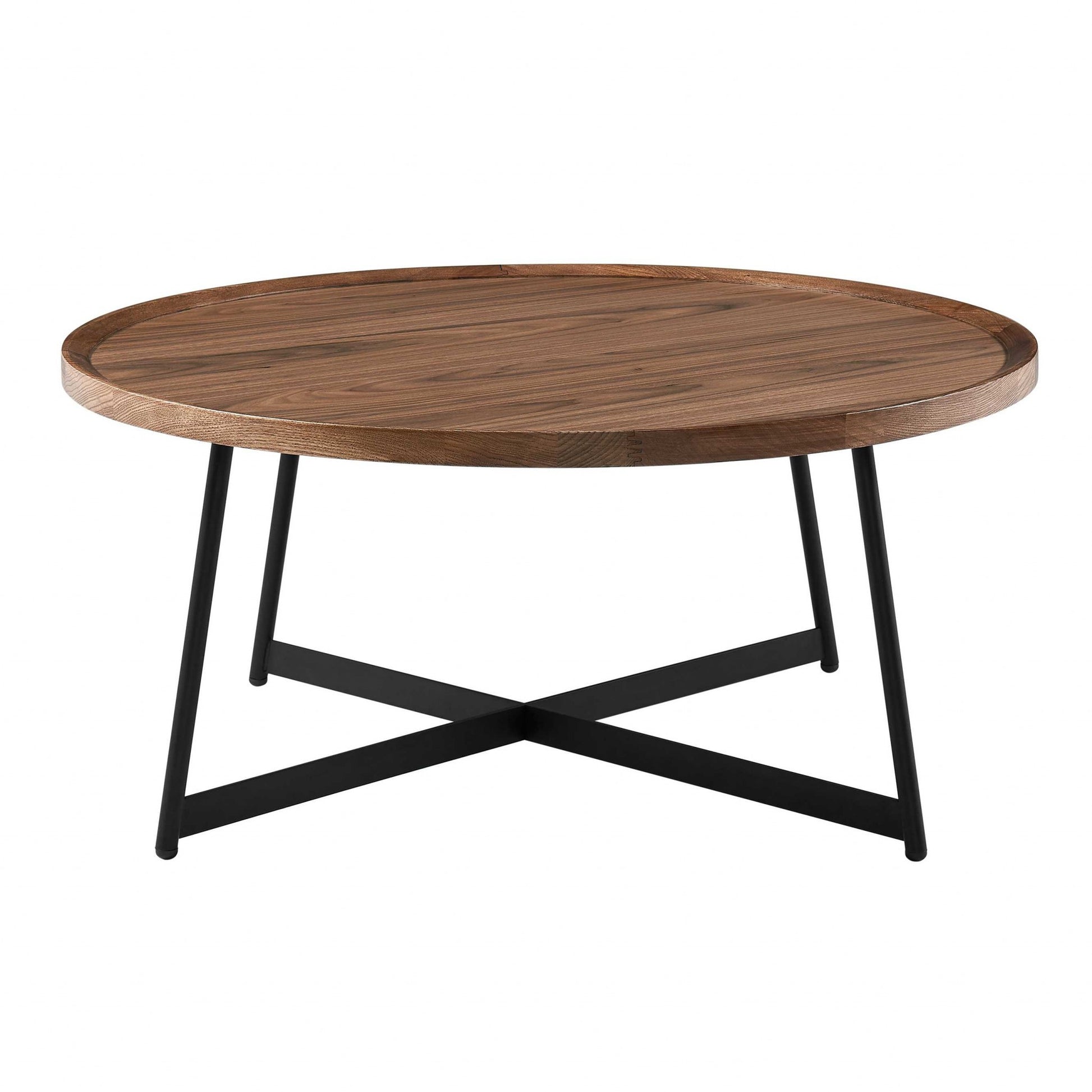 35" Brown and Black Wood And Metal Round Frame Coffee Table-Coffee Tables-DECOROLALA