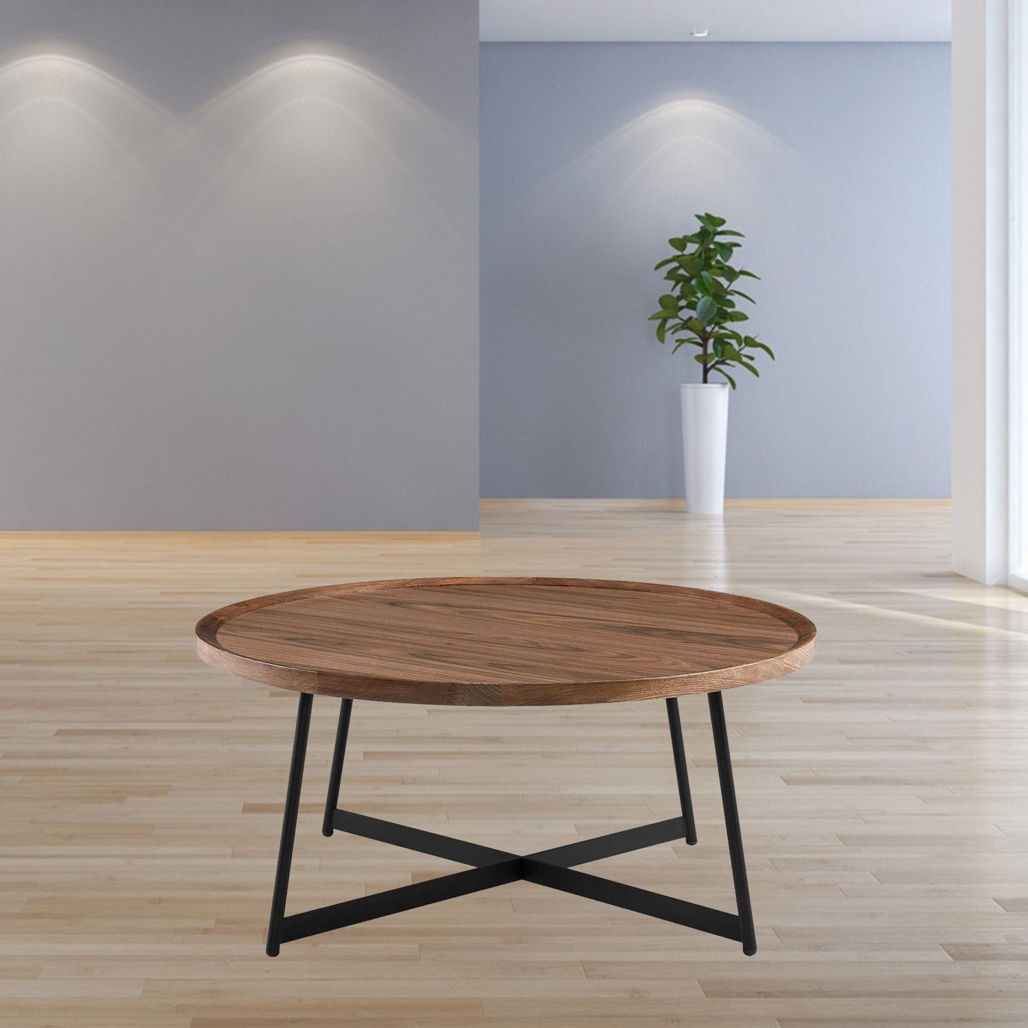 35" Brown and Black Wood And Metal Round Frame Coffee Table-Coffee Tables-DECOROLALA