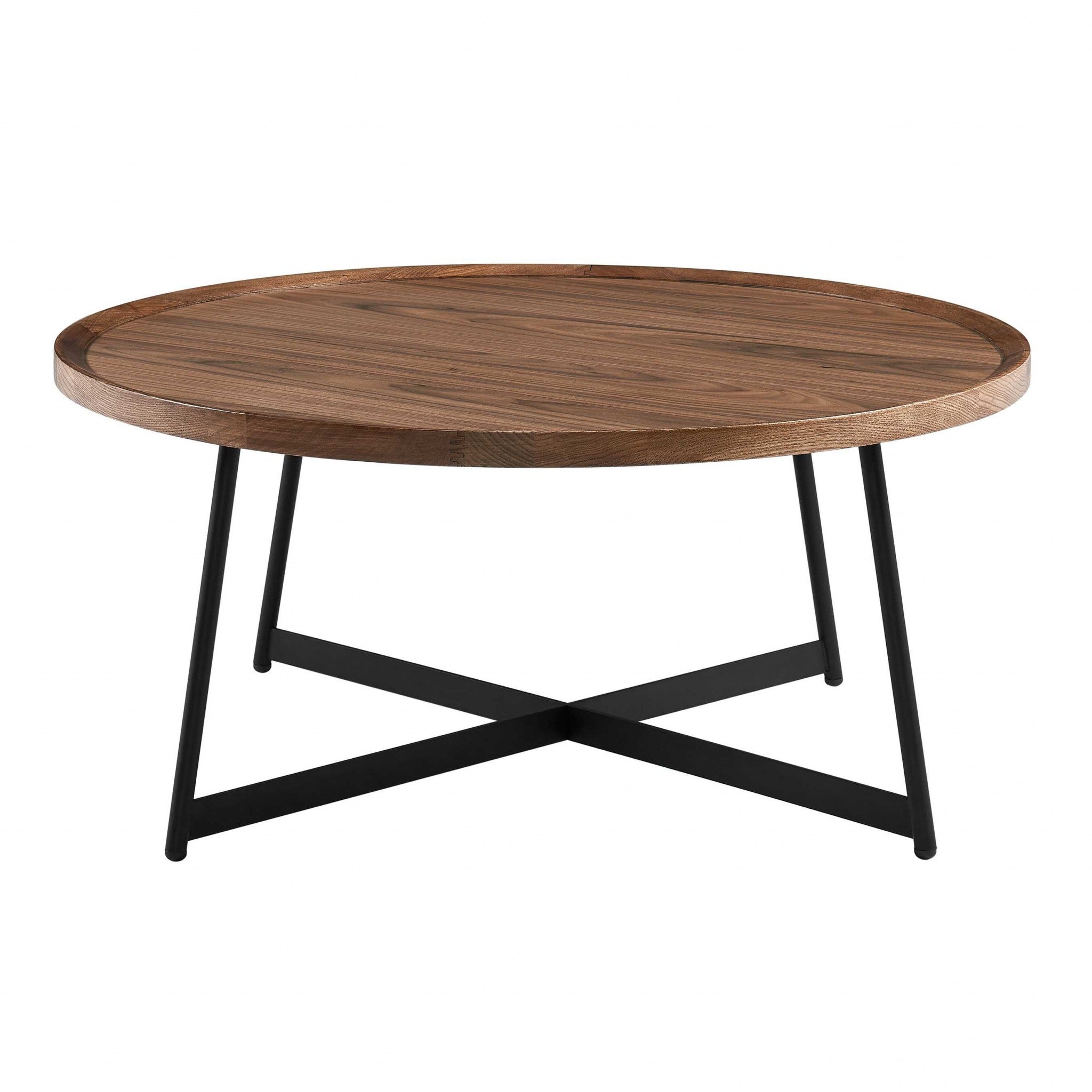 35" Brown and Black Wood And Metal Round Frame Coffee Table-Coffee Tables-DECOROLALA