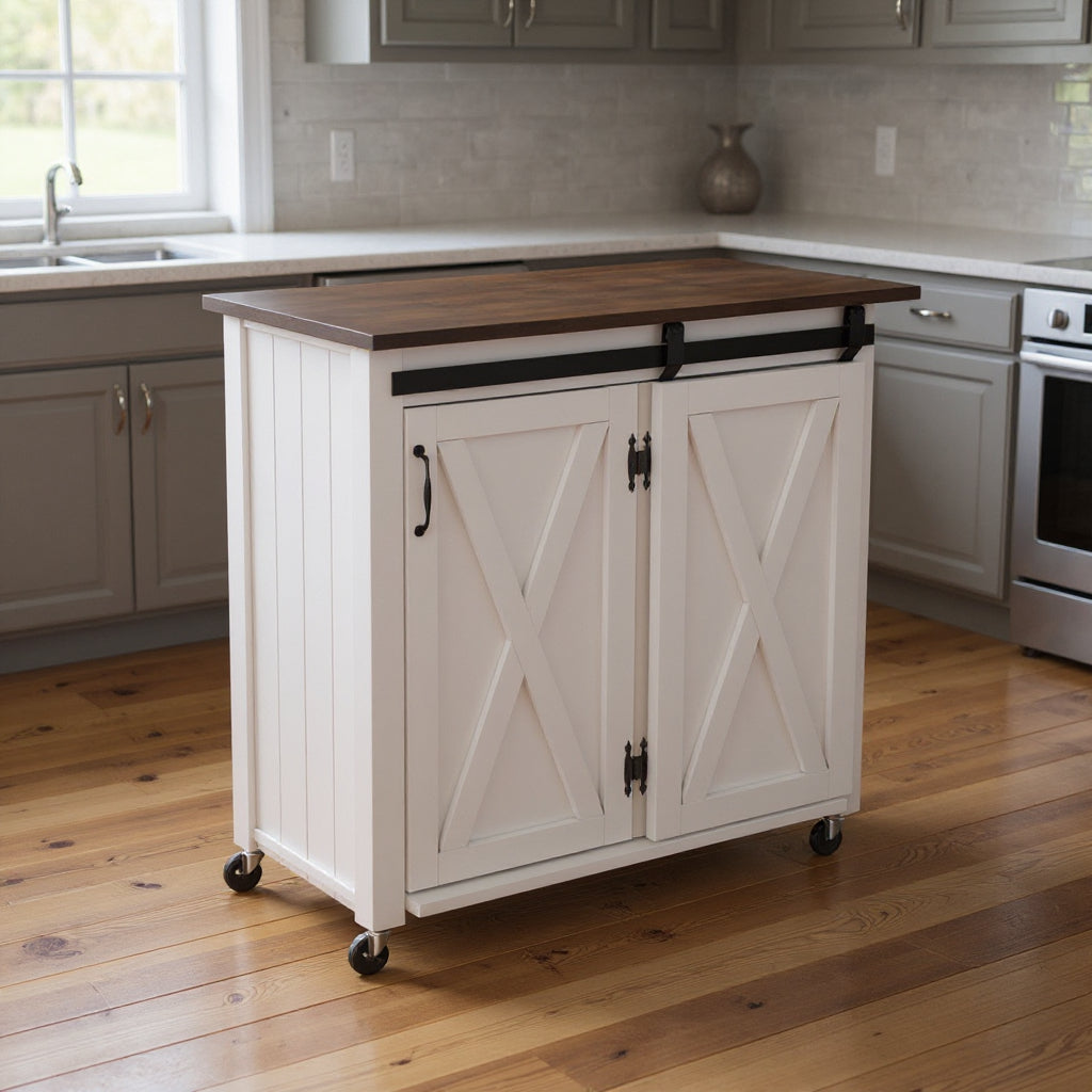 35" Dark Brown and White Wood Rolling Kitchen Cart-Kitchen Carts-Islands-DECOROLALA