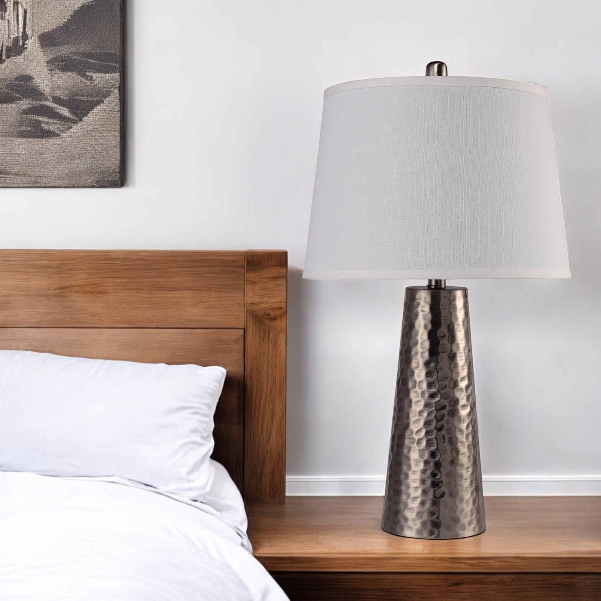 35" Distressed Brown Metal Table Lamp With White Empire Shade-Table Lamps-DECOROLALA