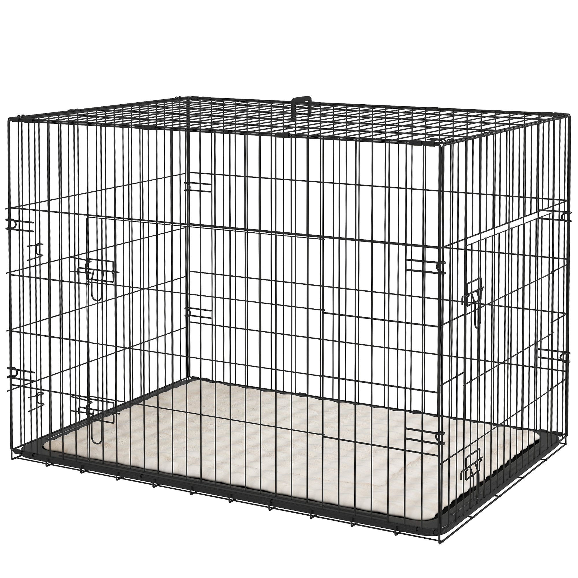 35" Dog Crate with 2 Doors, Folding Metal Dog Cage with Soft Cushion, Removable Tray, Handle, Black-Dogs-DECOROLALA