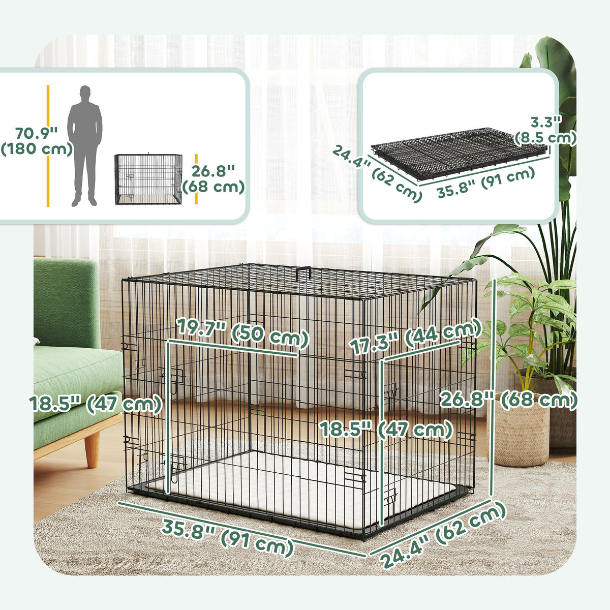 35" Folding Metal Dog Crate with 2 Doors and Cushion - Black-Dogs-DECOROLALA