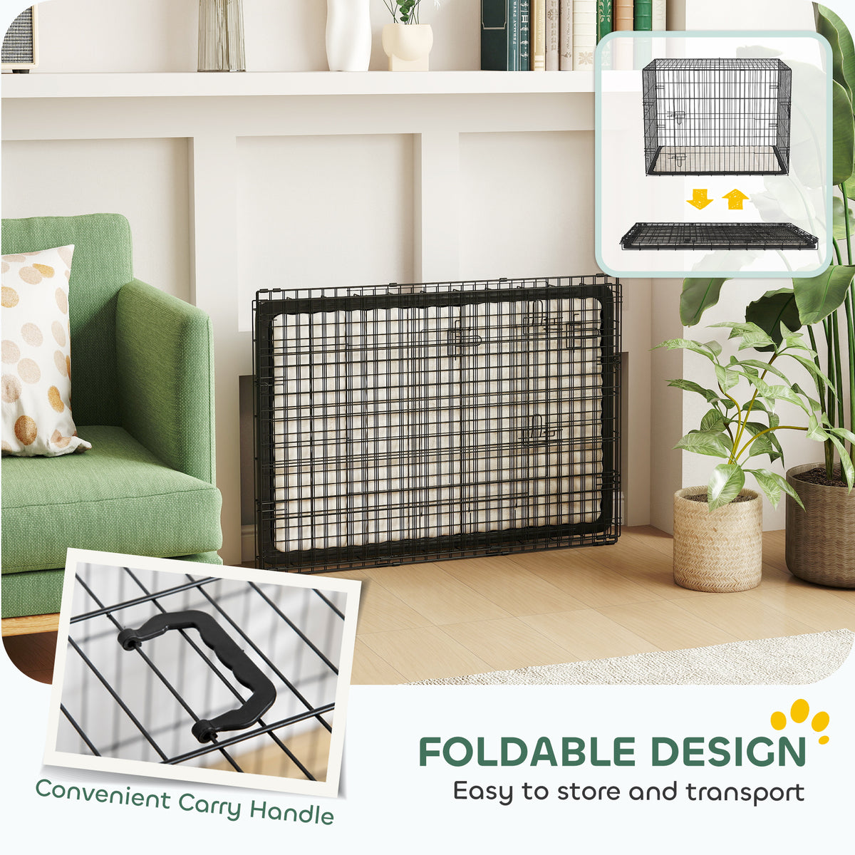 35" Folding Metal Dog Crate with 2 Doors and Cushion - Black-Dogs-DECOROLALA